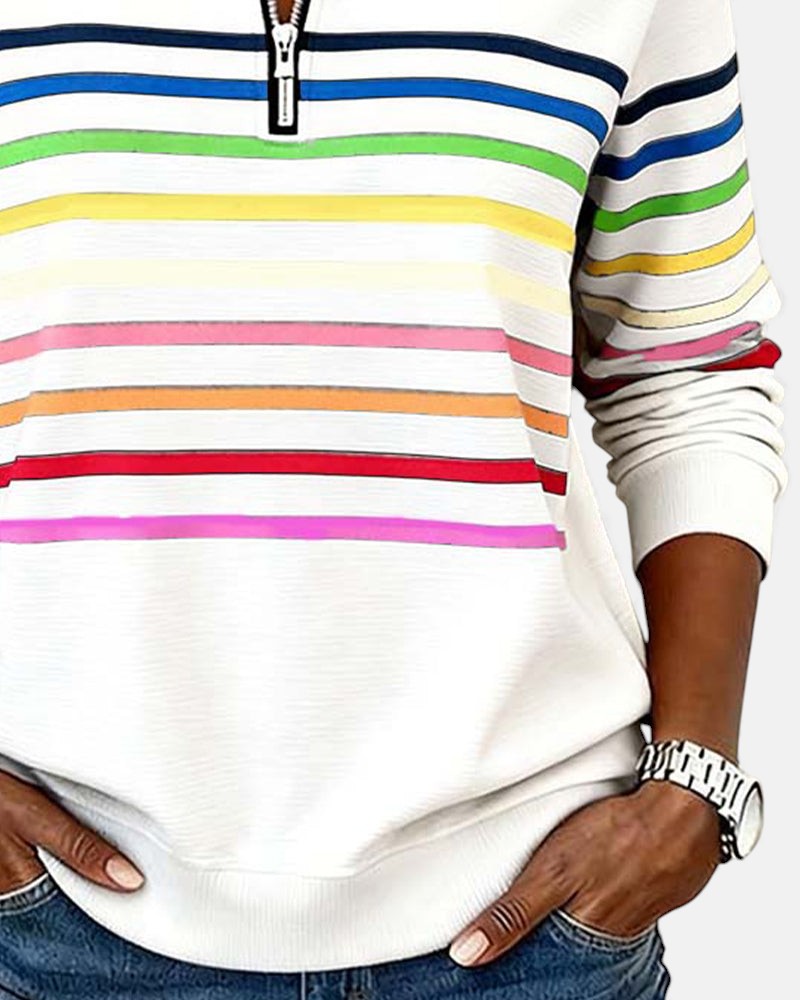 Marie | Rainbow Striped Zip Sweater
