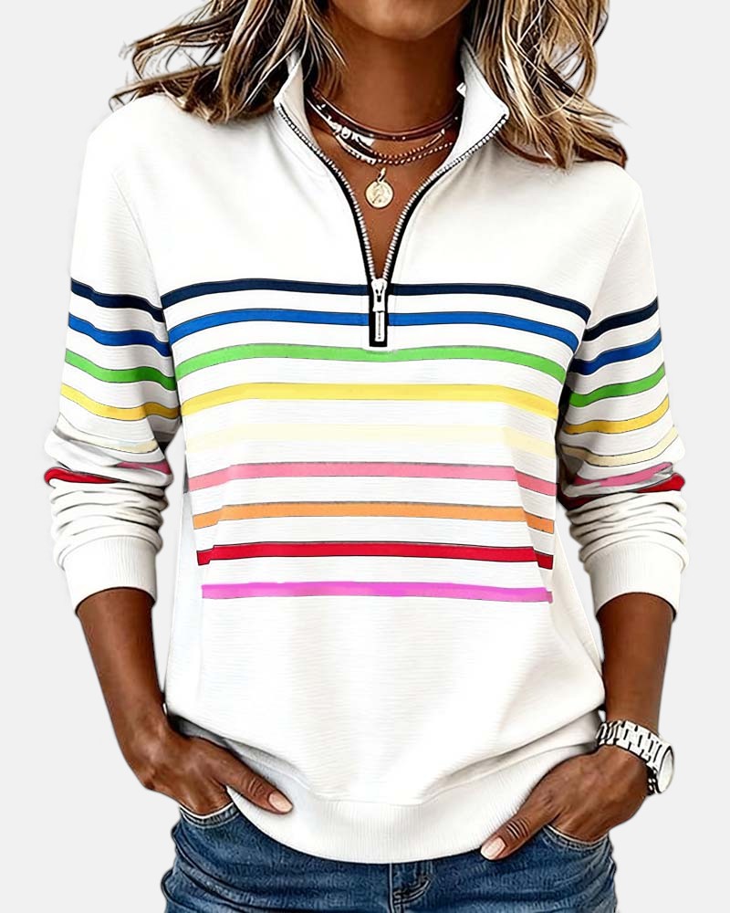Marie | Rainbow Striped Zip Sweater