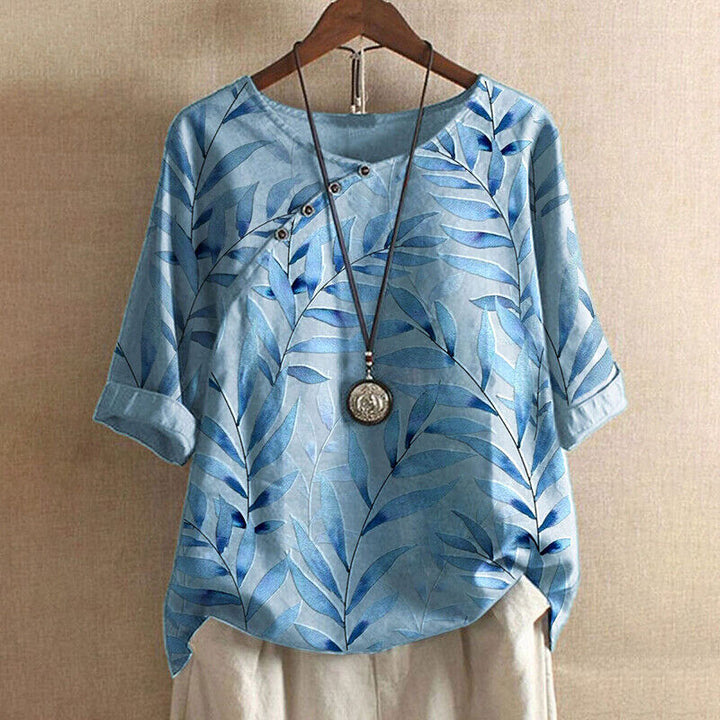 Claudine | Leaf Print Button Detail Blouse